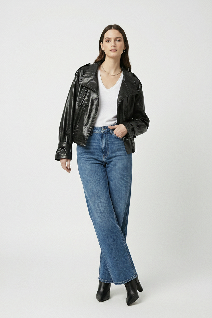 CLAUDINE - Sheepskin Moto Jacket on Model - shearling premium biker, crossed legs