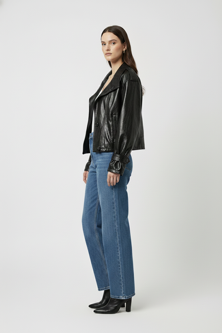 CLAUDINE - Sheepskin Moto Jacket on Model - two-button soft luxury, rear view