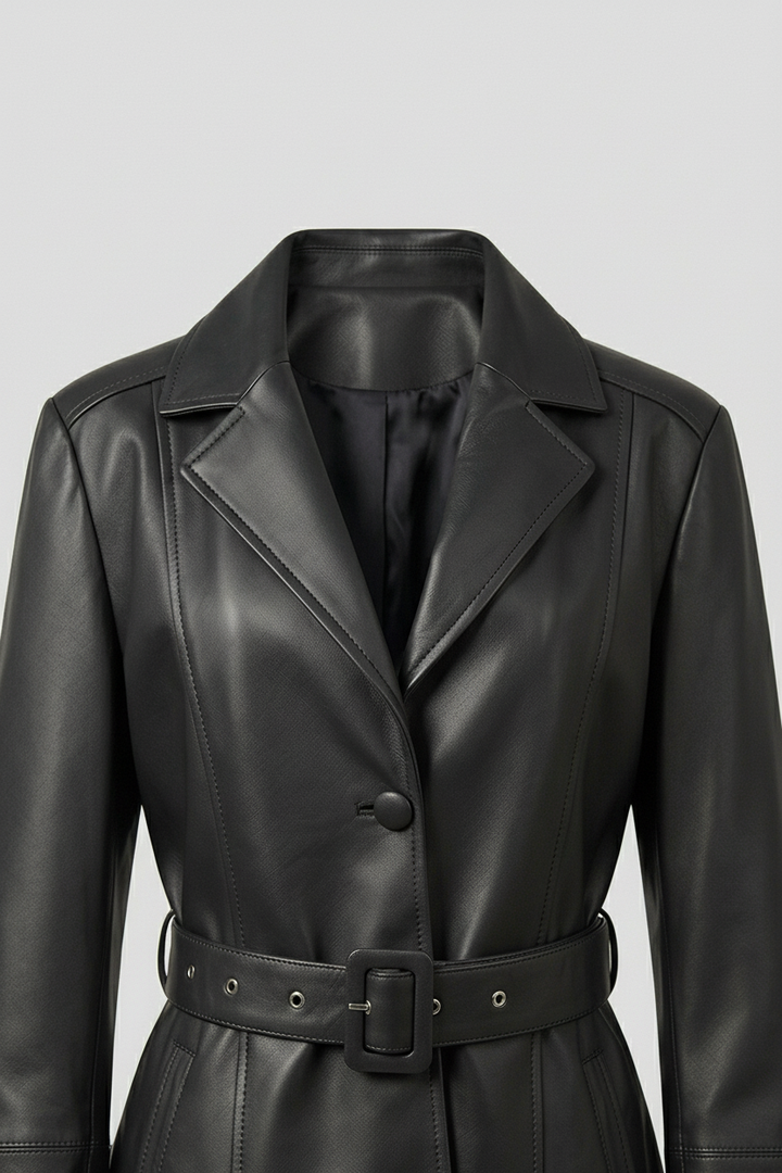 COLLINS - Belted Leather - leather, collar, stitching, texture