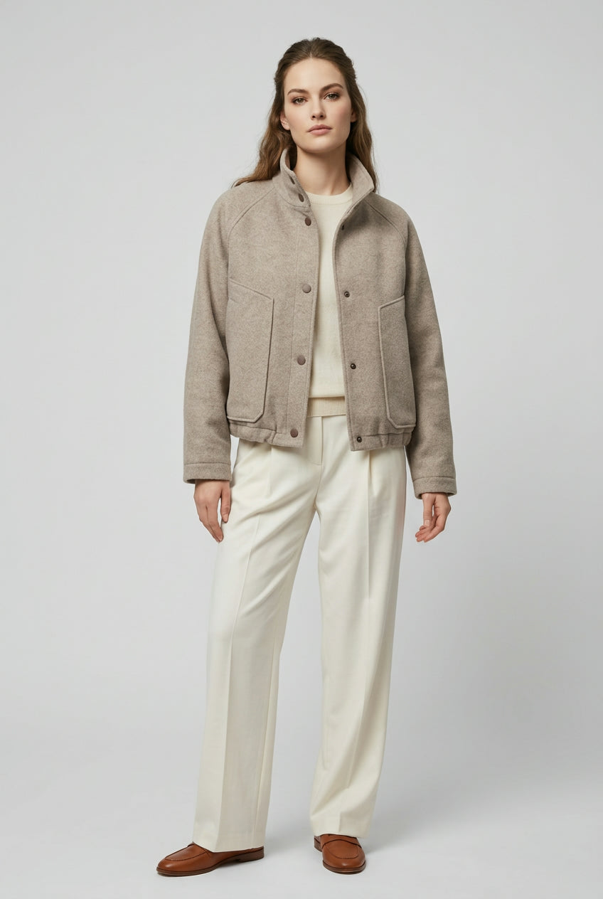 CORA short wool blend jacket in Beige worn open, three-quarter view