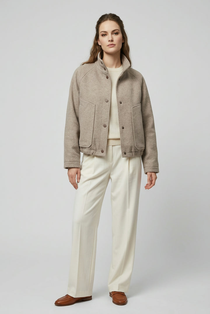 CORA short wool blend jacket in Beige worn open, three-quarter view