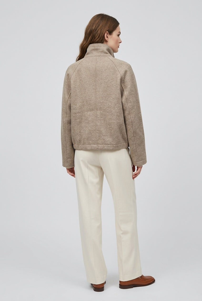 CORA stand collar wool blend jacket in Beige, back view with raglan sleeves