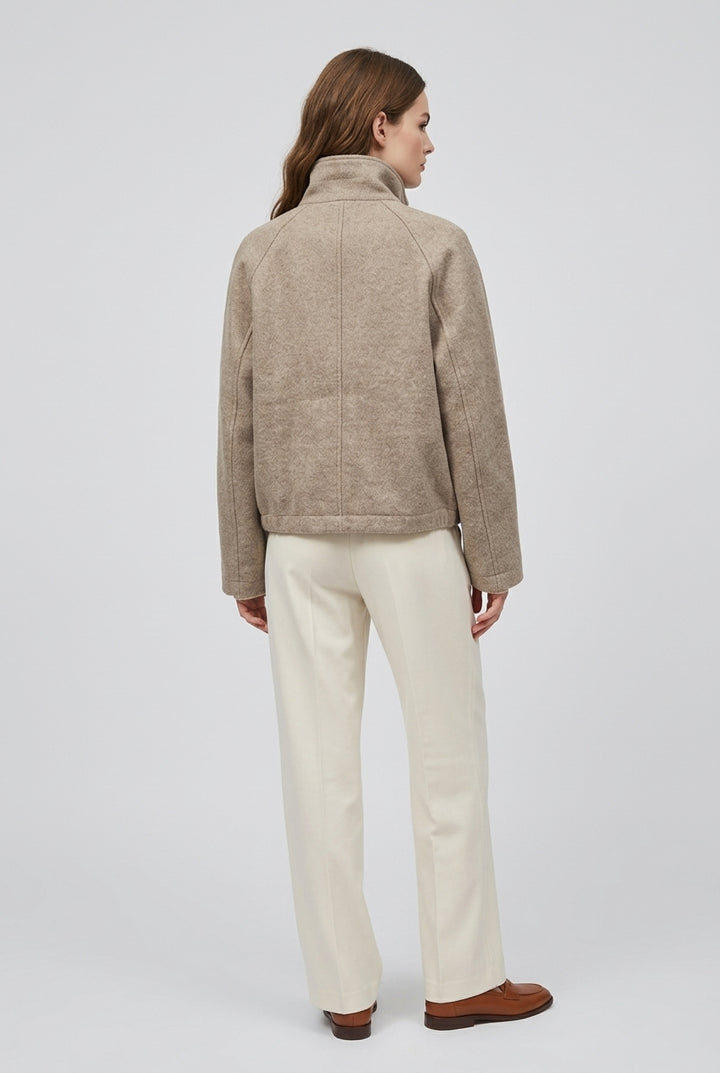 CORA stand collar wool blend jacket in Beige, back view with raglan sleeves