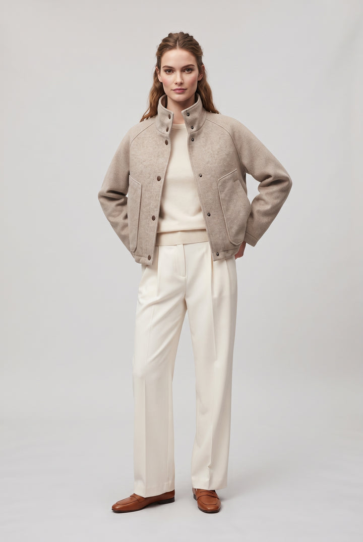 CORA stand collar wool blend jacket in Beige, front view