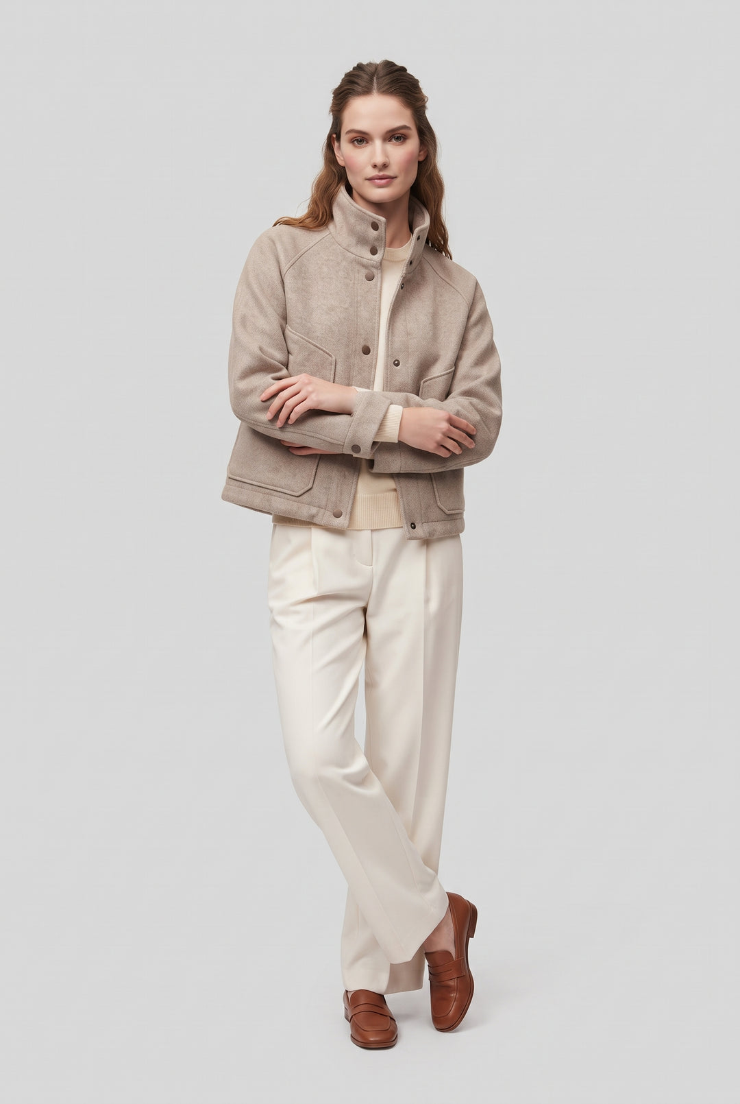 Full-length look with the CORA Beige wool blend jacket, cream trousers and loafers