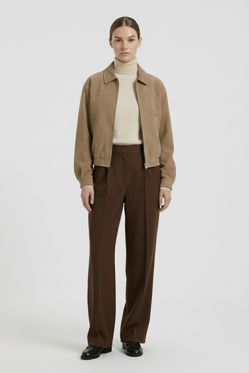 CORINNE - Vintage Brown Suede Leather Jacket - Desert Beige Jacket, front view shot