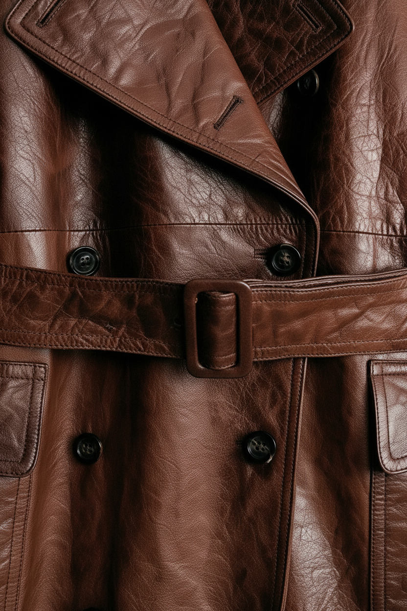 cowhide leather trench coat Buttons and belt detail