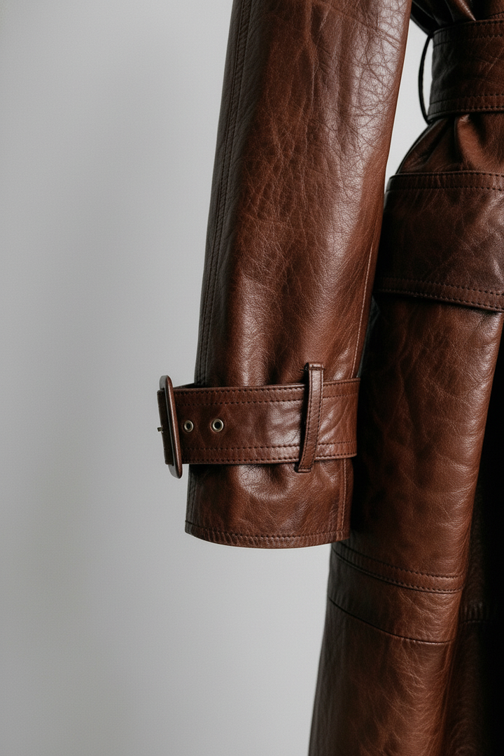 PRESCOTT - Close-up of brown cowhide leather trench coat sleeve and cuff detail