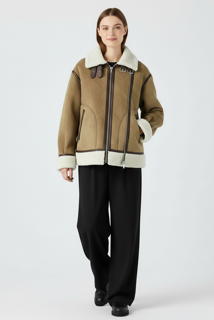 Cream bomber jacket with stand-up collar, zip closure, diagonal pockets, and dark trims with shearling cuffs and hem