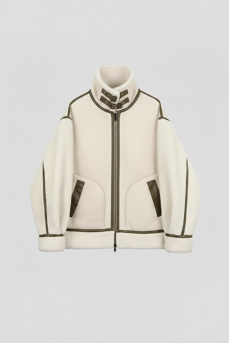 Cream bomber jacket with stand-up collar, zip closure, diagonal pockets, and dark brown trims with shearling details at the cuffs and hem."
Name: cream-shearling-standcollar-bomber