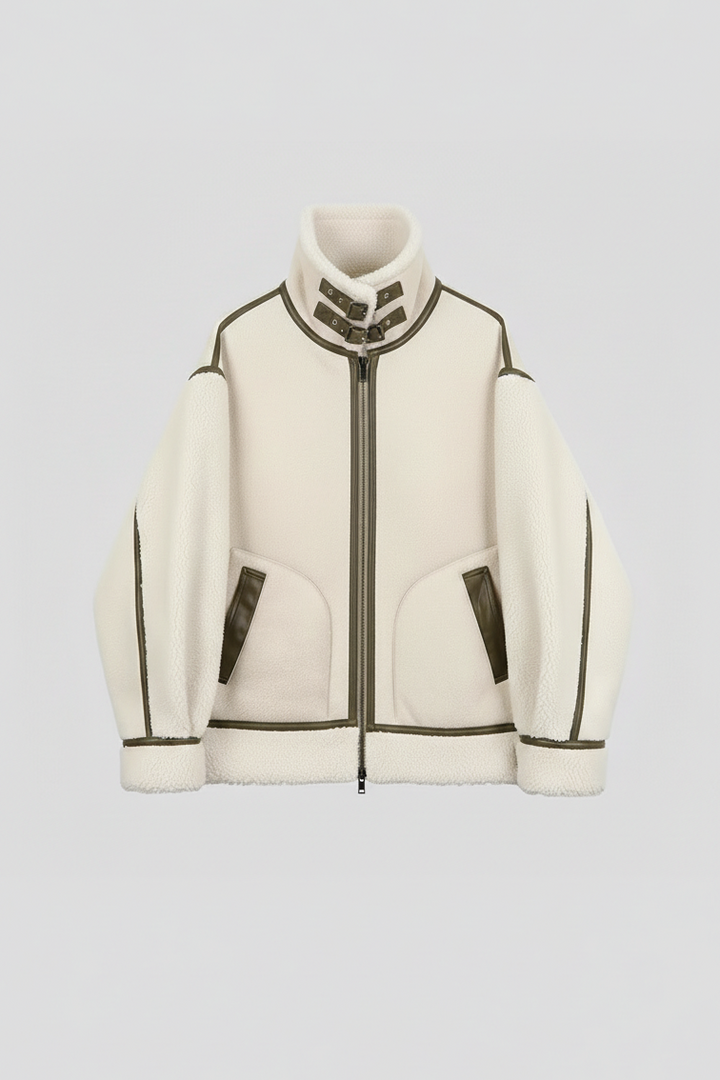 Cream bomber jacket with stand-up collar, zip closure, diagonal pockets, and dark brown trims with shearling details at the cuffs and hem."
Name: cream-shearling-standcollar-bomber