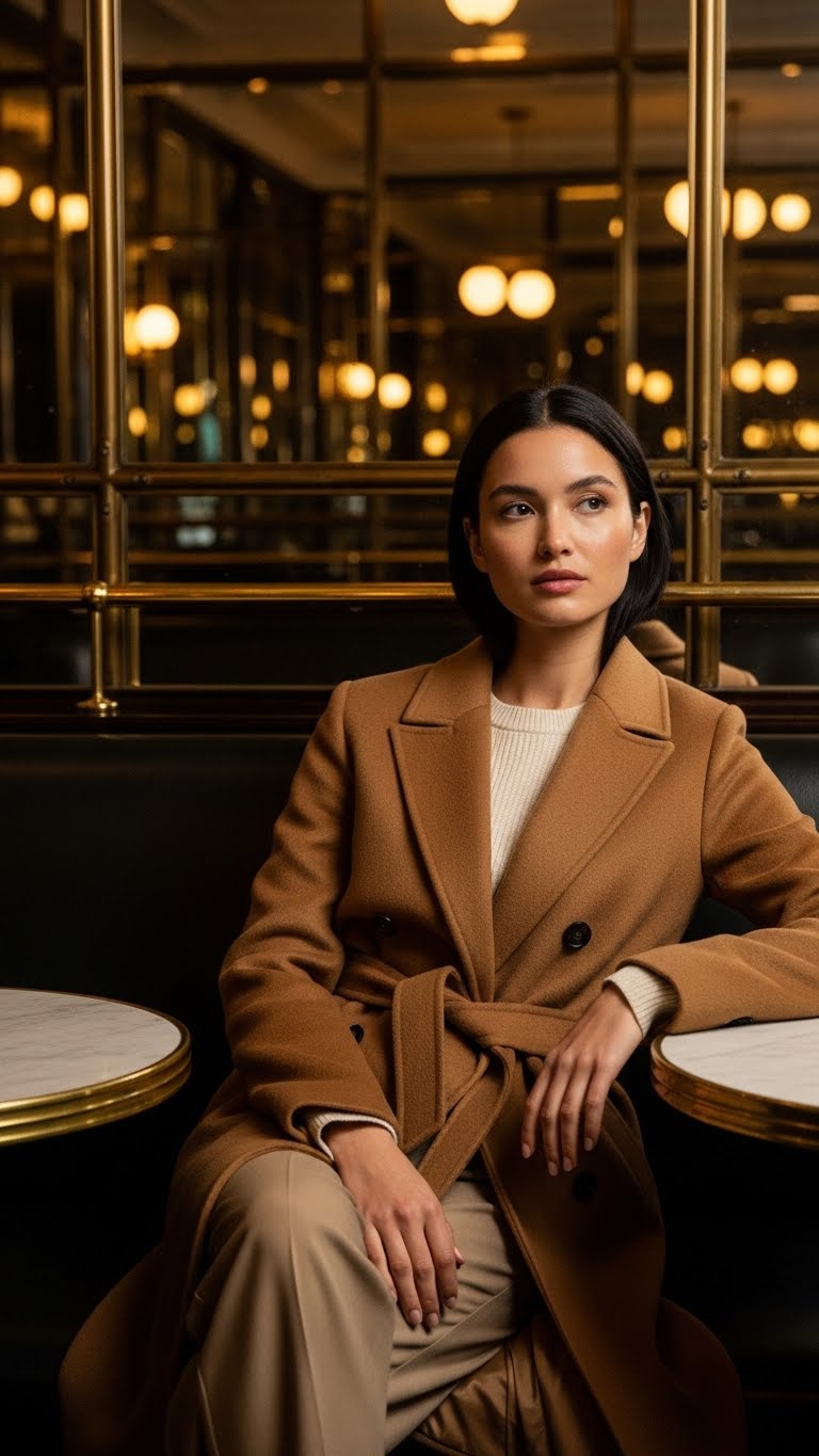 Woman in a brown coat sitting in a stylish interior setting with reflective surfaces and warm lighting.
