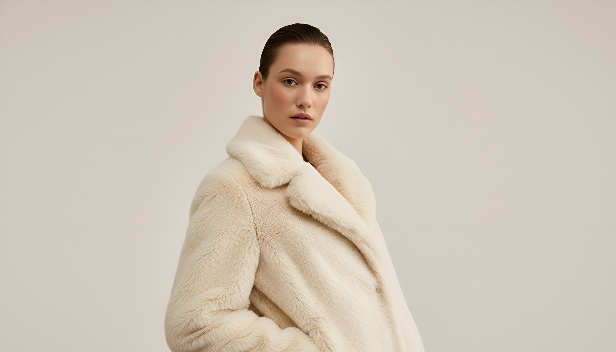 Woman wearing a cream fur coat against a plain background