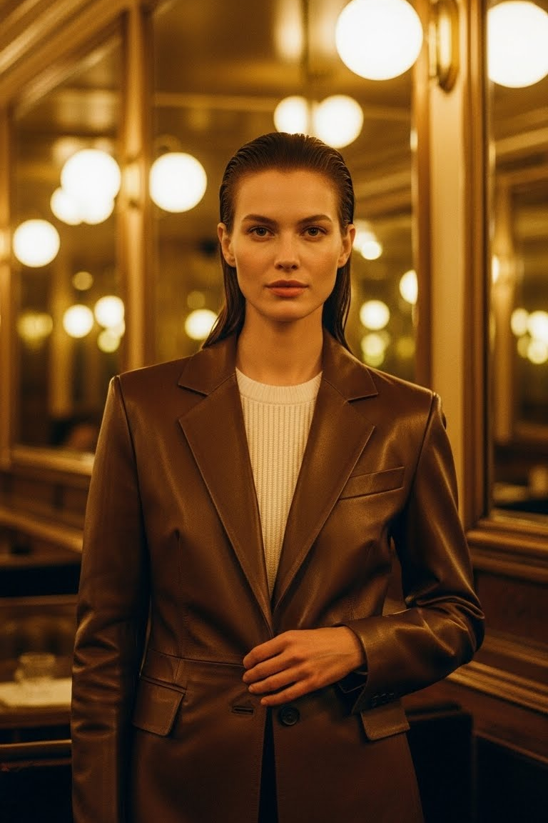 Woman wearing a brown leather jacket in an indoor setting with blurred lights