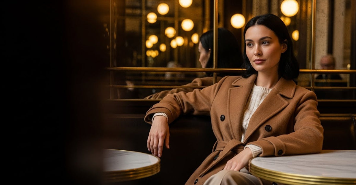 Woman in a brown coat sitting in a cozy indoor setting with warm lighting.