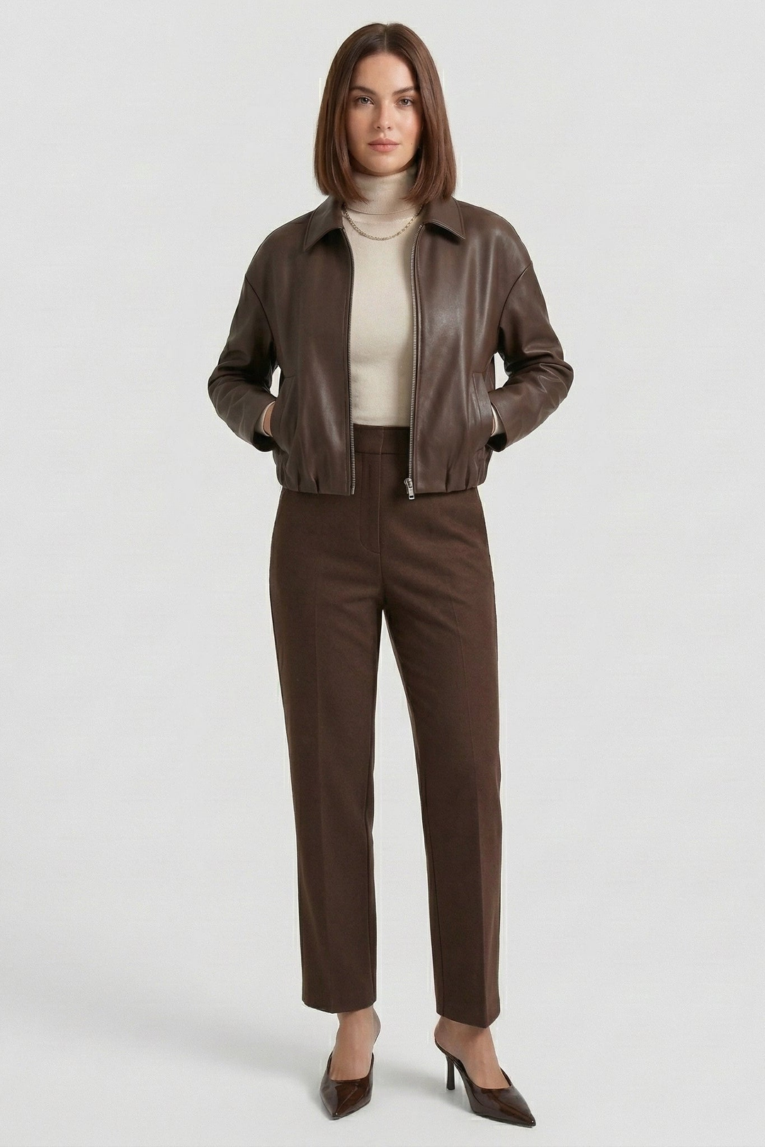 REESE - Brown leather bomber jacket, full front view