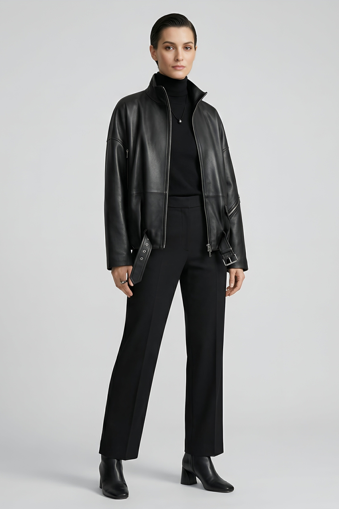 DELILAH - Woman wearing a black leather bomber jacket with a black turtleneck, front view