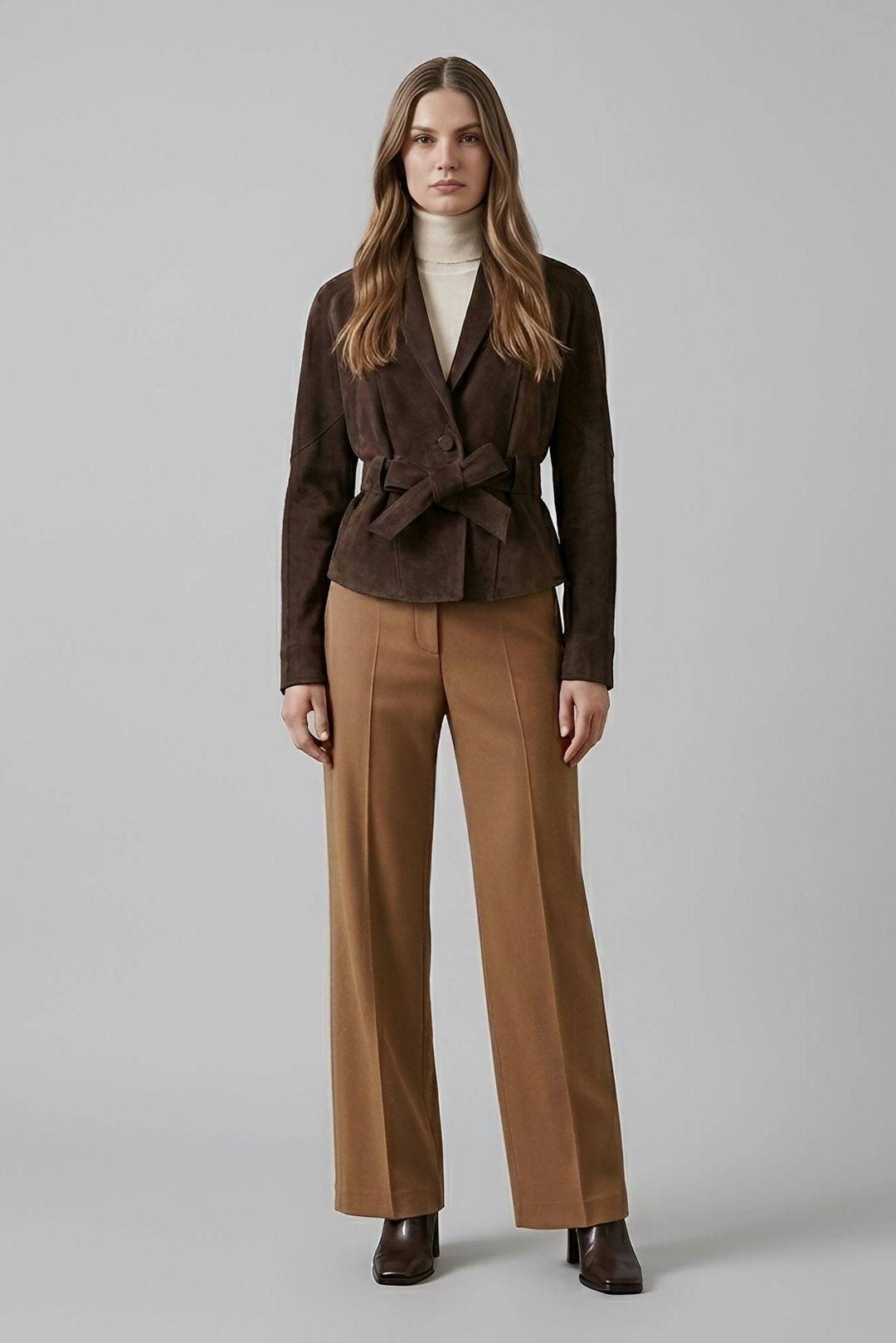 JOSIE - Woman wearing a dark brown belted suede jacket with cream turtleneck and camel trousers, front view
