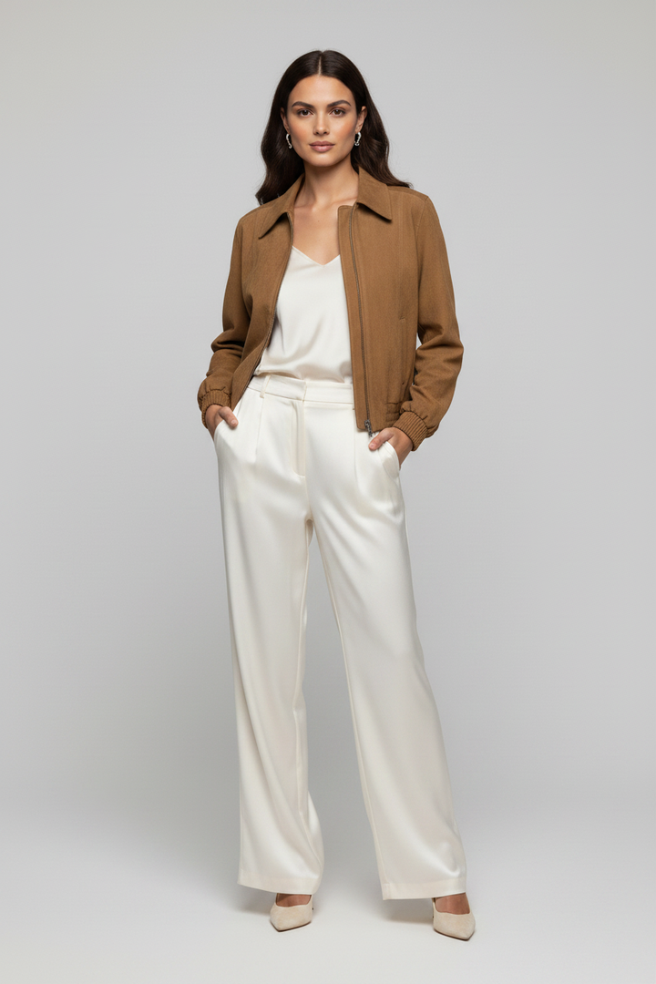 KINSLEY - Woman wearing a caramel brown suede bomber jacket with a white satin top and cream trousers, front view, hands in pockets