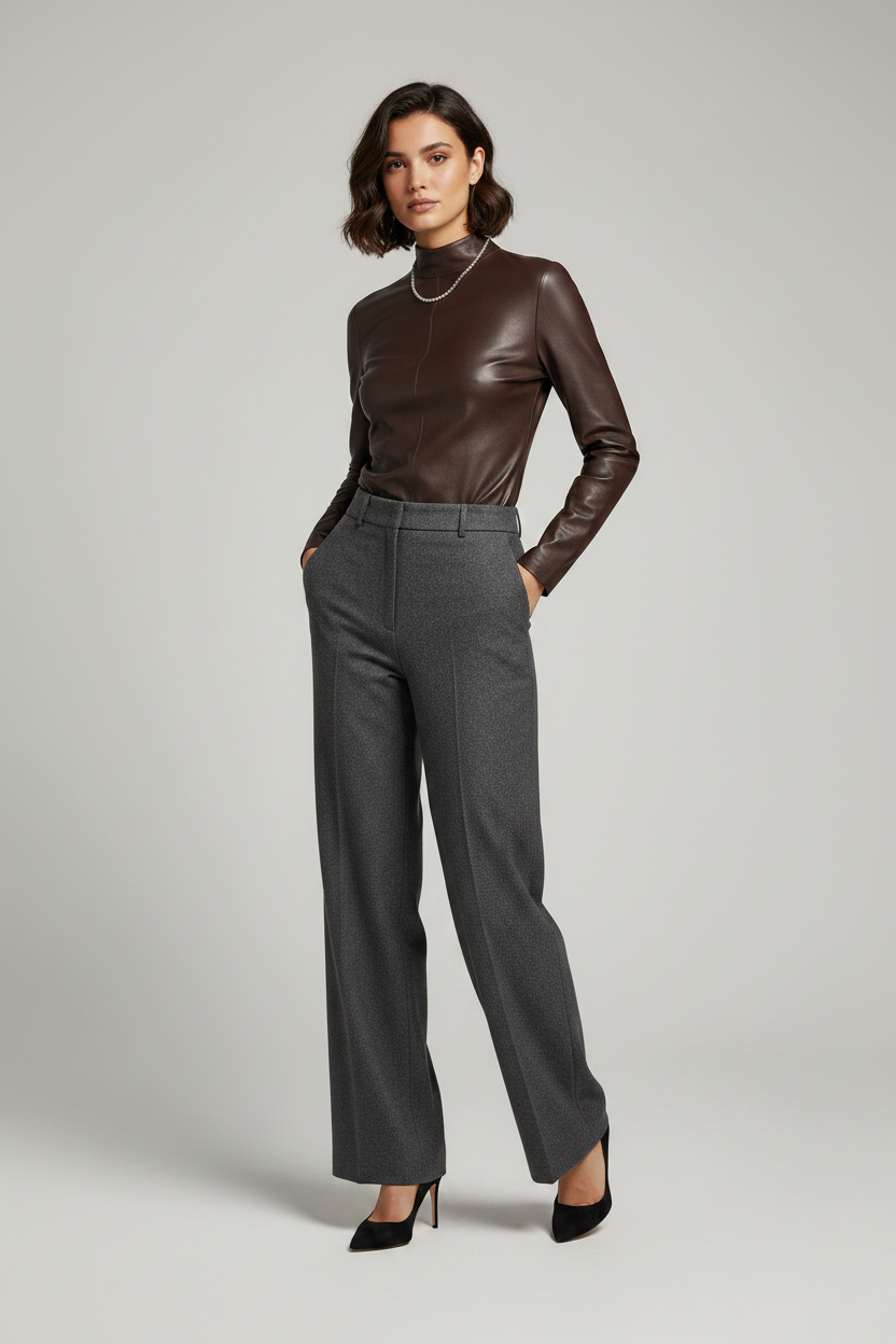 Daphne - Fitted Stretch L - chocolate brown leather, long-sleeve