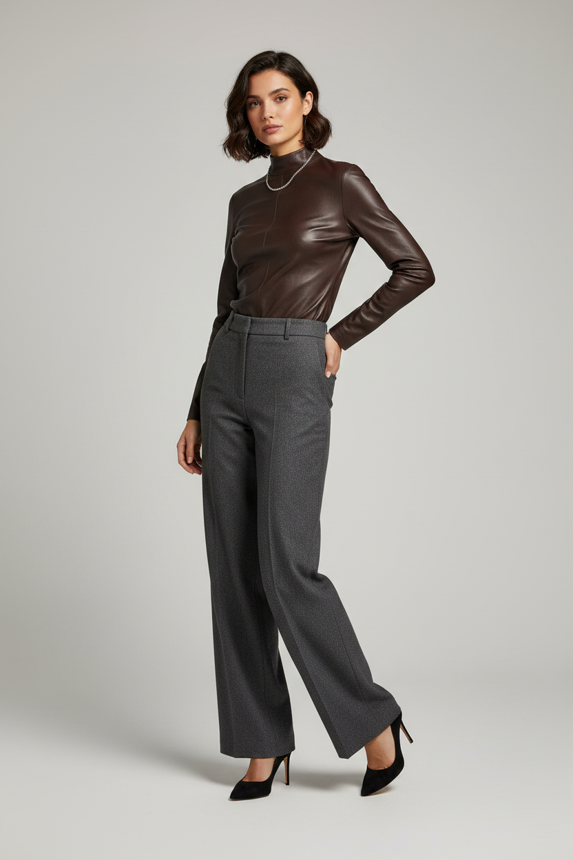 Daphne - Fitted Stretch L - dark chocolate brown, leather, high-neck, paneled