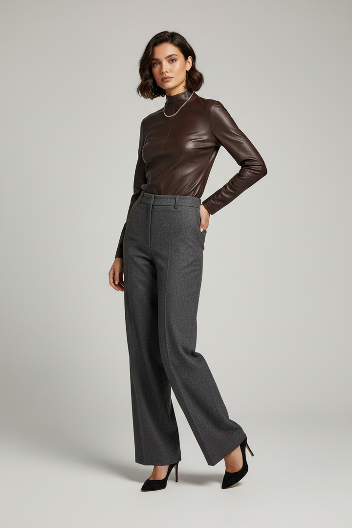 Daphne - Fitted Stretch L - dark chocolate brown, leather, high-neck, paneled