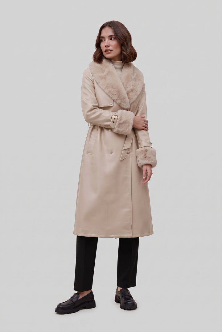 Woman wearing the DELANEY fur trim faux leather trench coat in beige, front view