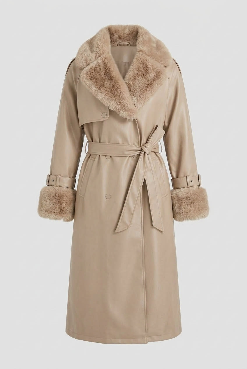 DELANEY fur trim faux leather trench coat in beige, product shot