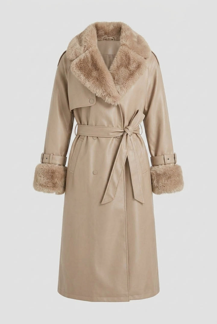 DELANEY fur trim faux leather trench coat in beige, product shot