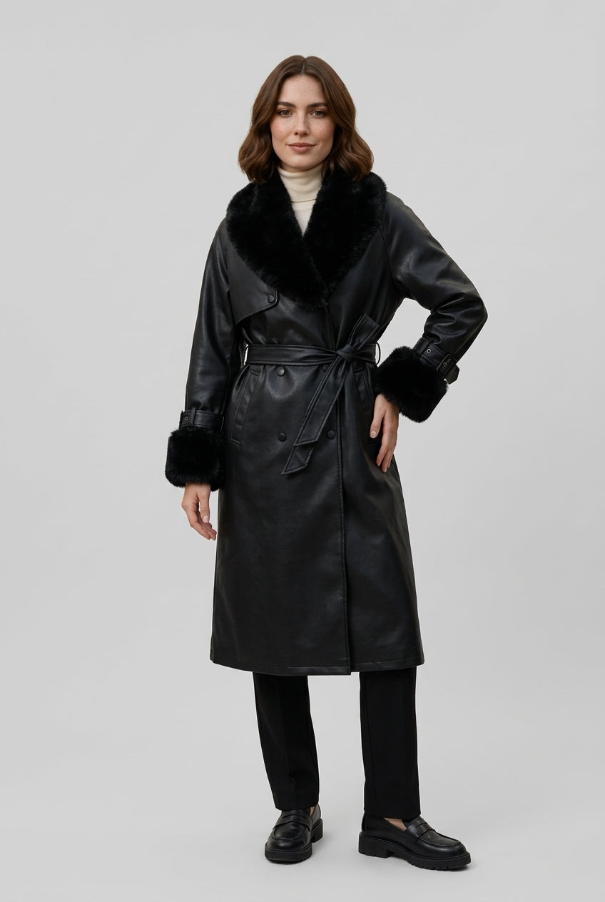 DELANEY fur trim faux leather trench coat in black, three-quarter view
