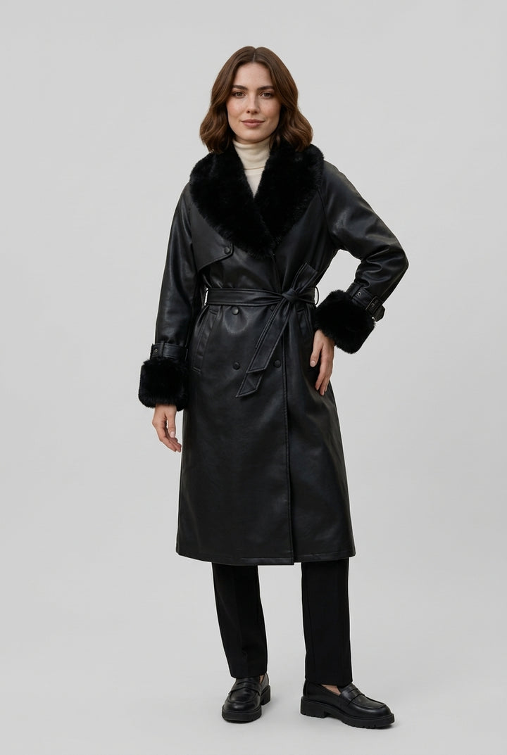 DELANEY fur trim faux leather trench coat in black, three-quarter view