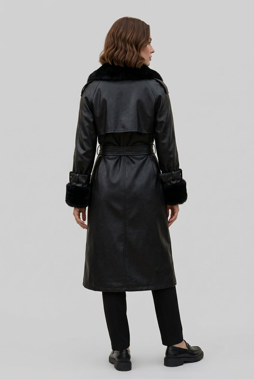 DELANEY fur trim faux leather trench coat in black, back view