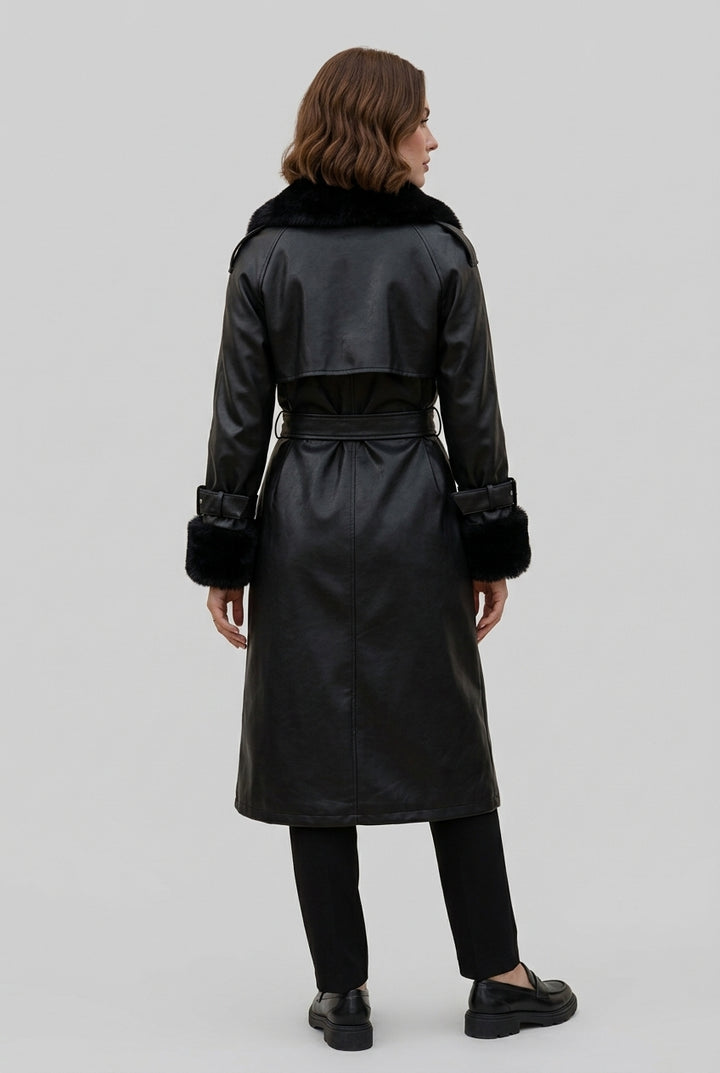 DELANEY fur trim faux leather trench coat in black, back view