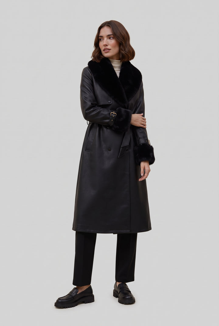 Woman wearing the DELANEY fur trim faux leather trench coat in black, front view