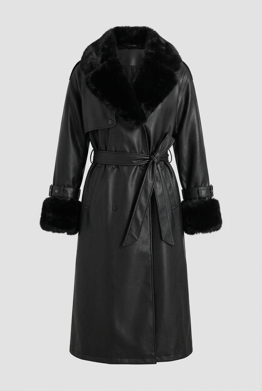 DELANEY fur trim faux leather trench coat in black, product shot