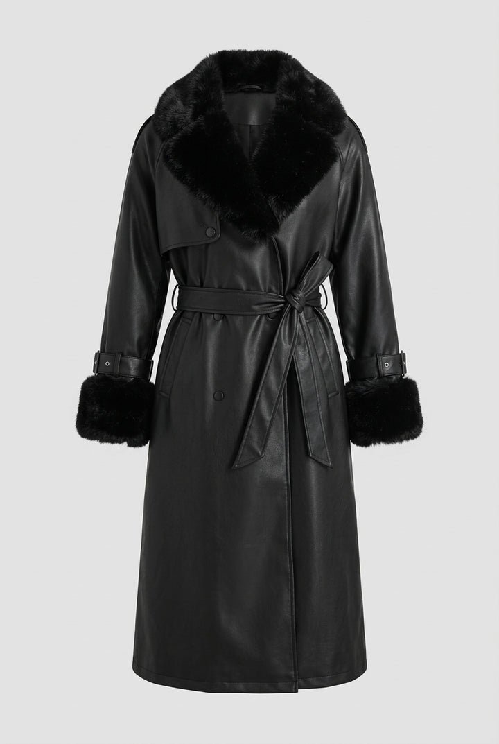DELANEY fur trim faux leather trench coat in black, product shot