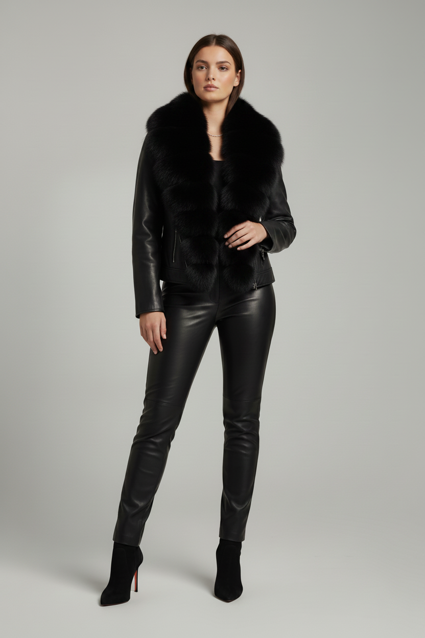 DELTA - Black Fur Leather Jacket - Female model, minimalist pose