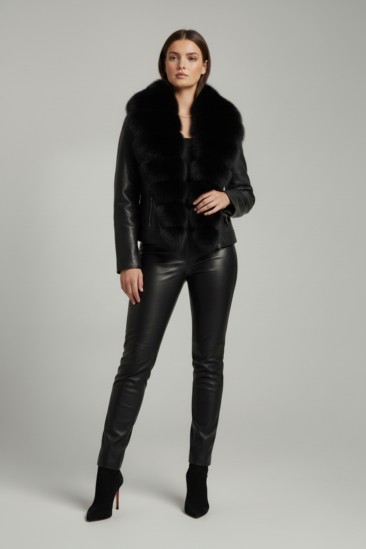 DELTA - Black Fur Leather Jacket - Female model, minimalist pose