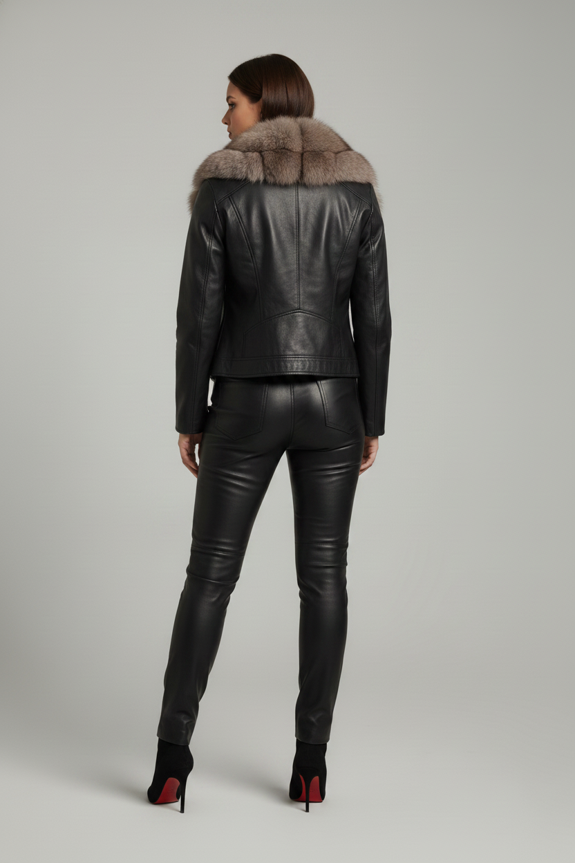 DELTA - Leather Jacket - Female model, rear view, elegant, quiet luxury