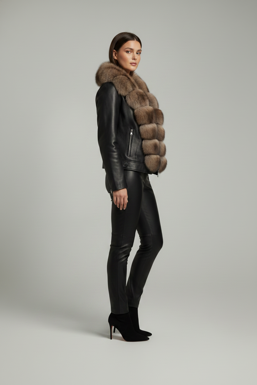 DELTA - Leather Jacket - Female model, side profile view, elegant, quiet luxury