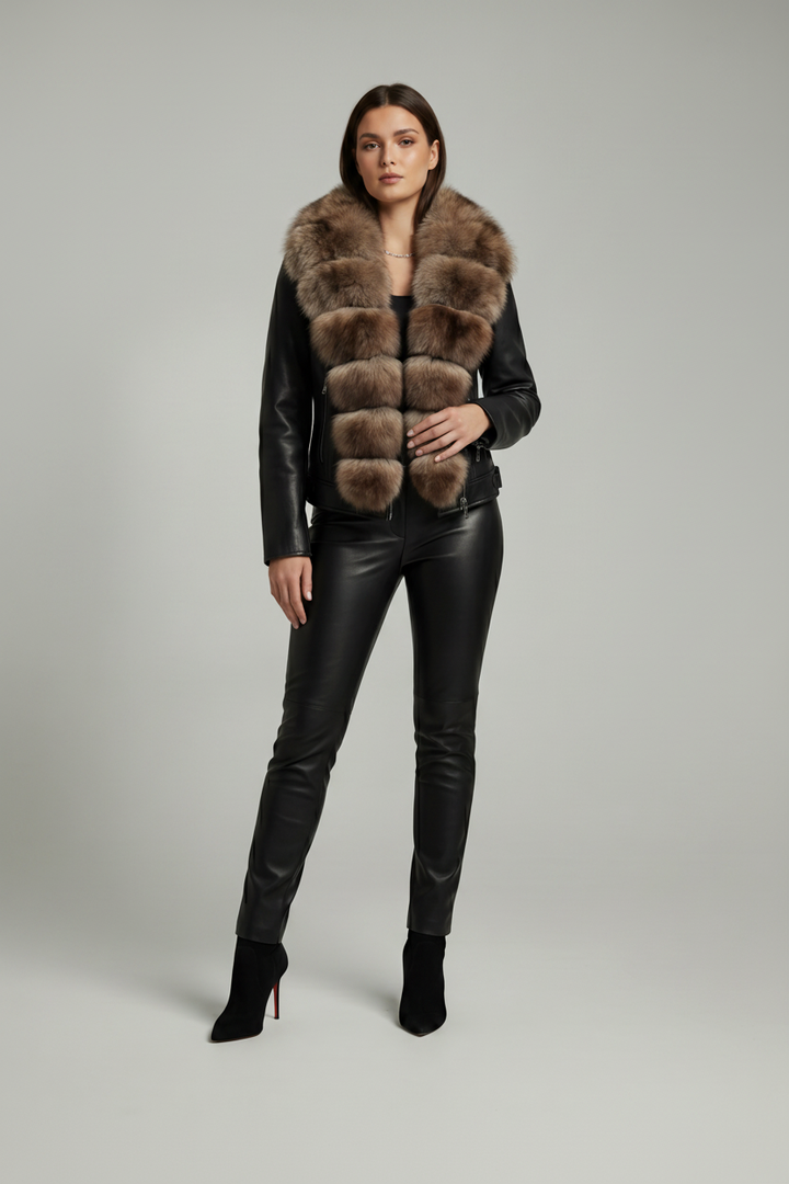 DELTA - Light  Brown fur Leather Jacket - Female model, minimalist pose