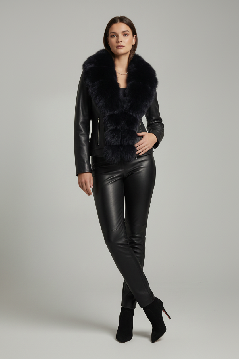 DELTA - Black fur Leather Jacket - Female model, crossed legs, elegant