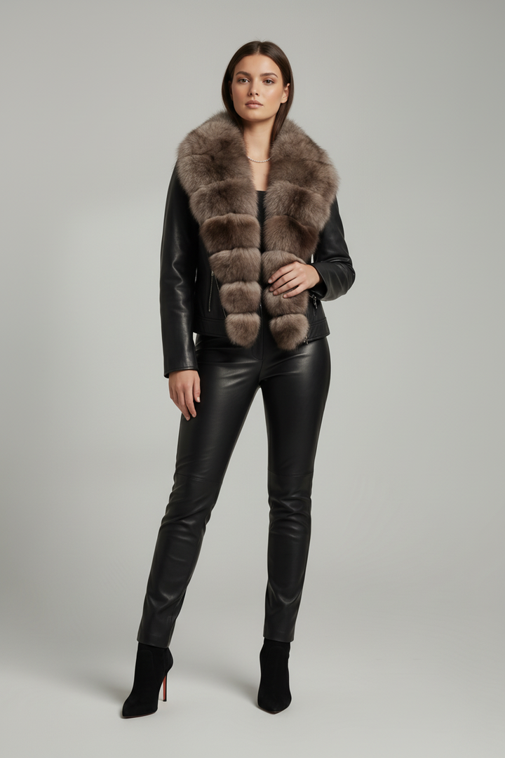DELTA - Brown fur Leather Jacket - Female model, minimalist pose