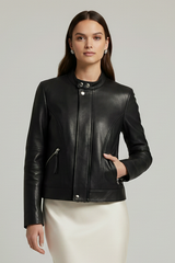DOMINIQUE - Stand Collar Black Sheepskin Moto Jacket