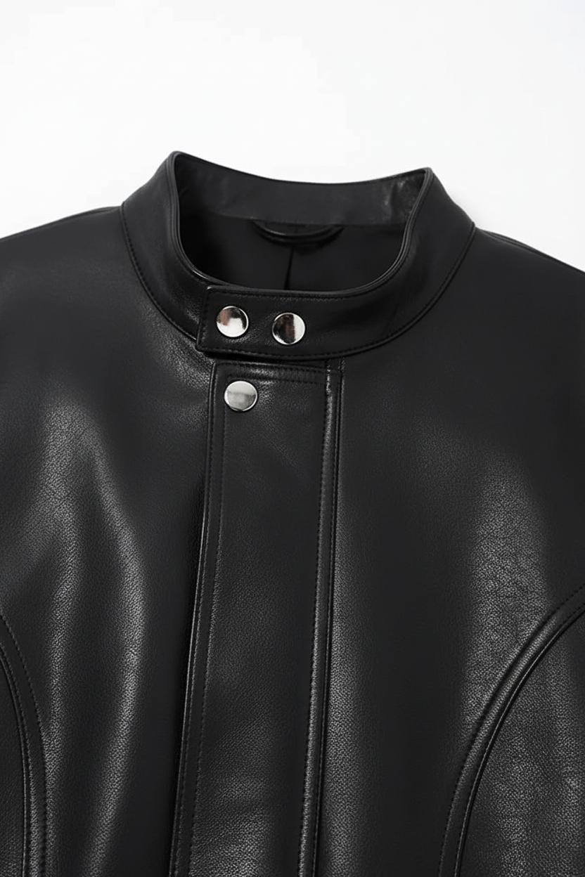DOMINIQUE - STAND COLLAR - front closure detail, metal buttons, zipper, premium fabric texture
