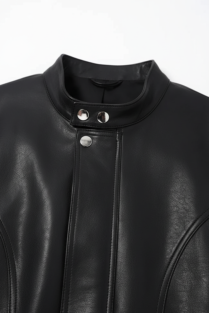 DOMINIQUE - STAND COLLAR - front closure detail, metal buttons, zipper, premium fabric texture