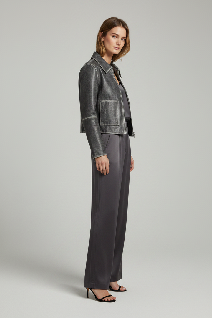 EDITH - Distressed Sheeps - distressed leather bomber, grey washed, quiet luxury