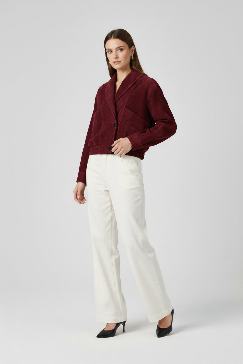 ELISE - Genuine Suede Leather - burgundy quiet luxury jacket