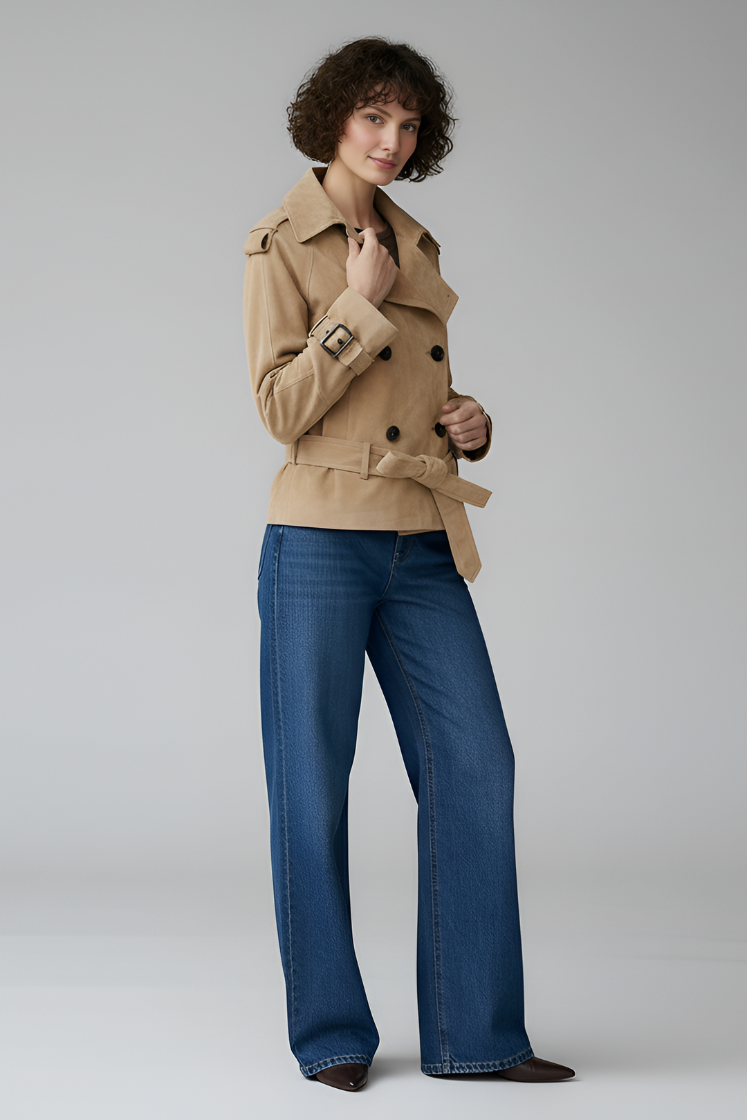 ELLIS suede leather trench coat women beige styling pose belted short trench coat outfit