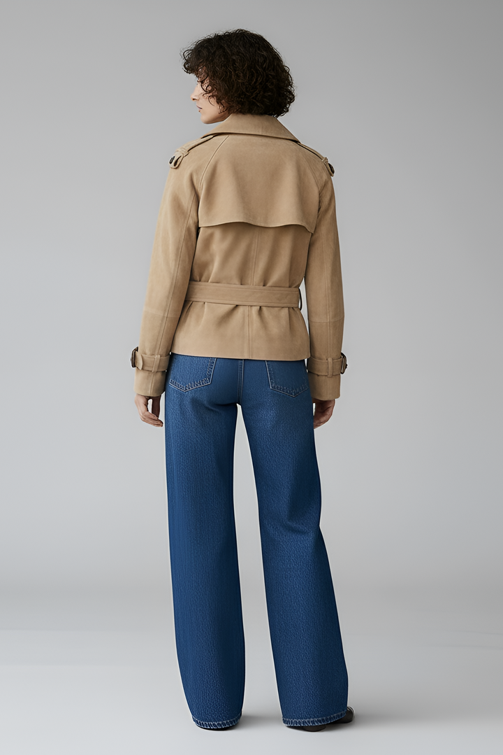 ELLIS suede leather trench coat women beige front view double breasted belted trench jacket